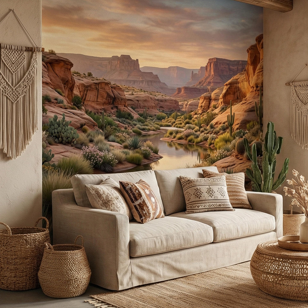 Southwest Desert Canyon Sunset Peel and Stick Wall Mural, Arizona Red Rock Desert Landscape Wallpaper