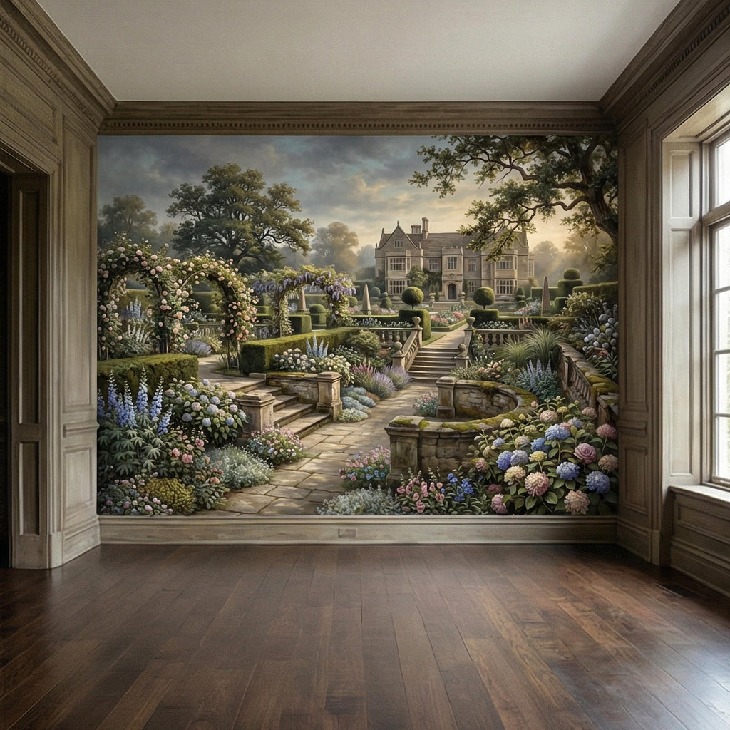 English Manor Garden Peel and Stick Wall Mural, Romantic Country Estate Rose Arbor Botanical Landscape Wallpaper
