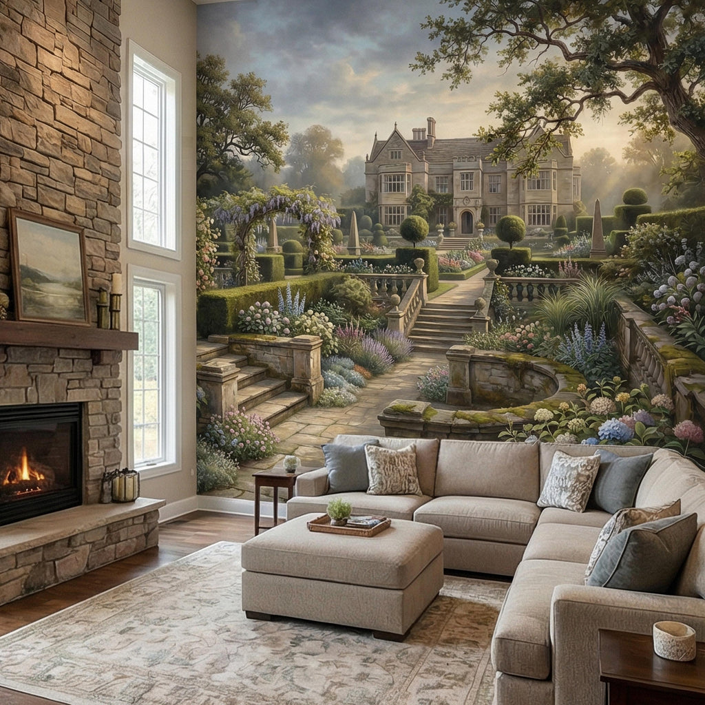 English Manor Garden Peel and Stick Wall Mural, Romantic Country Estate Rose Arbor Botanical Landscape Wallpaper