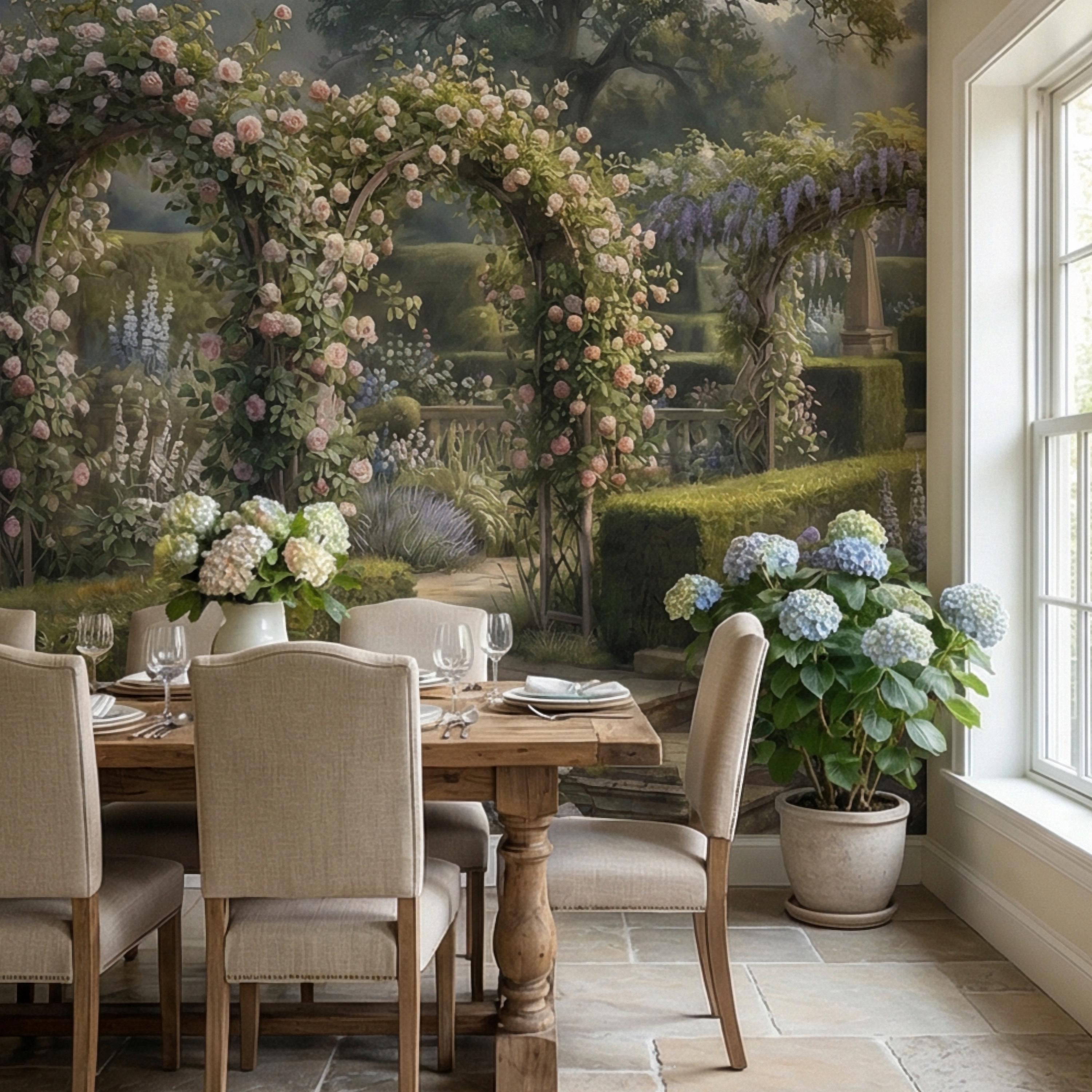 English Manor Garden Peel and Stick Wall Mural, Romantic Country Estate Rose Arbor Botanical Landscape Wallpaper