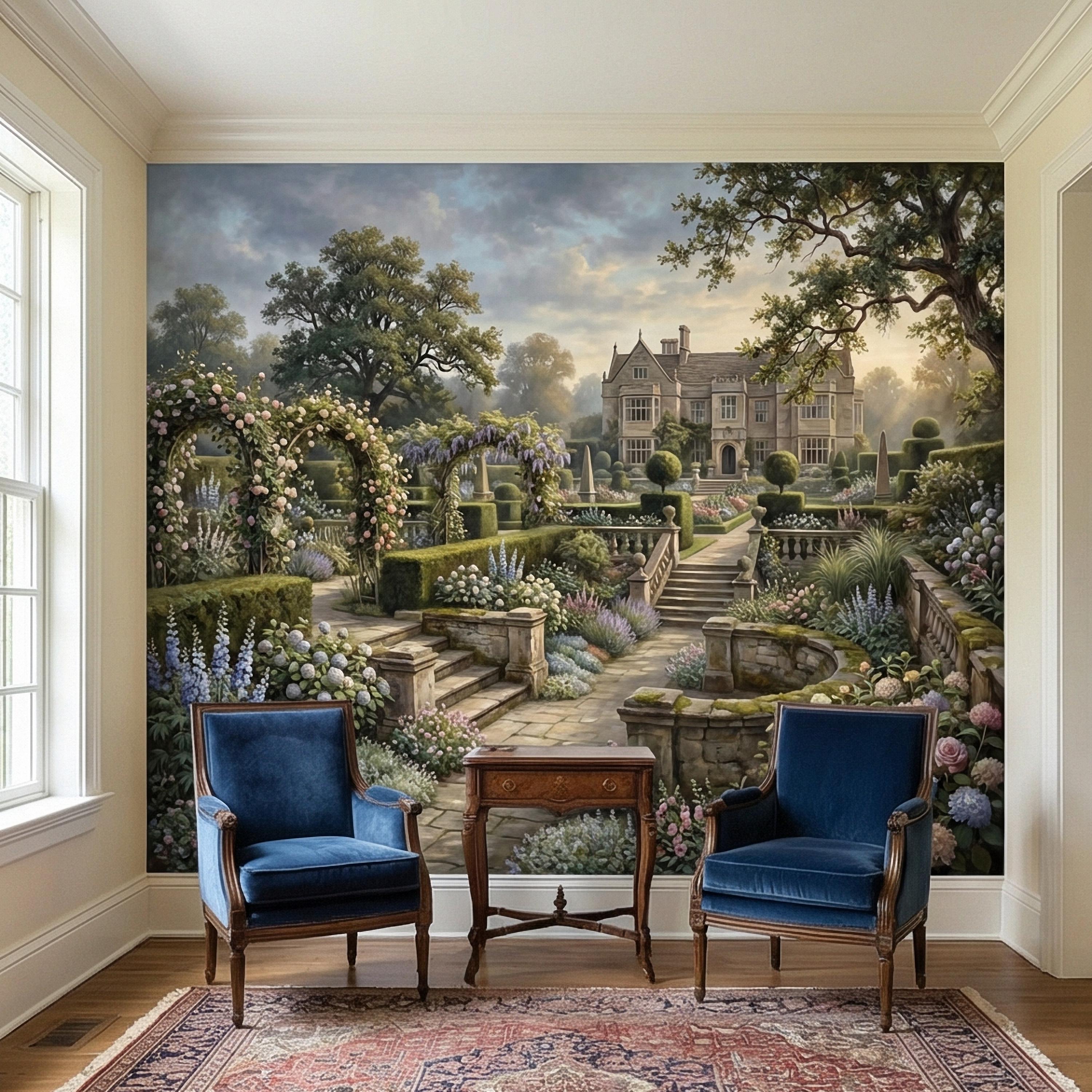 English Manor Garden Peel and Stick Wall Mural, Romantic Country Estate Rose Arbor Botanical Landscape Wallpaper