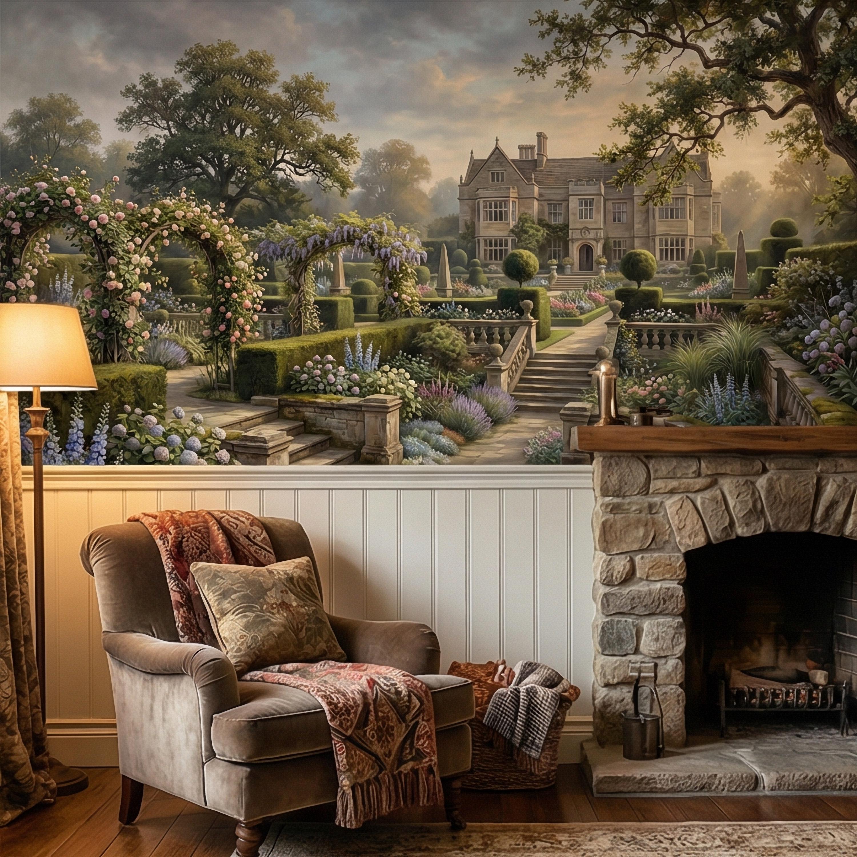 English Manor Garden Peel and Stick Wall Mural, Romantic Country Estate Rose Arbor Botanical Landscape Wallpaper