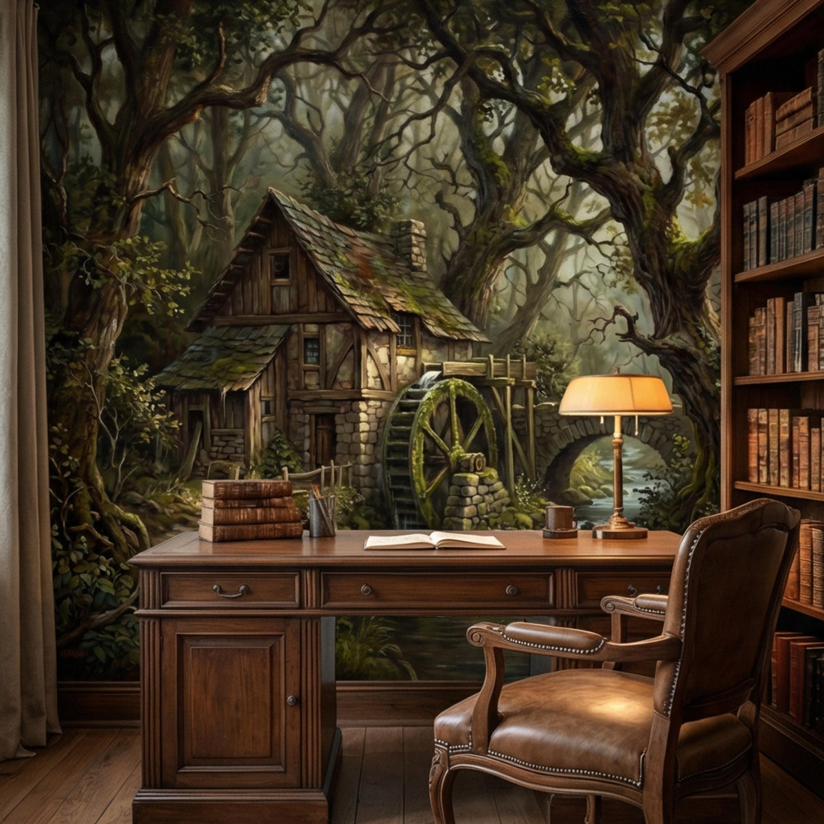 Forest cabin wall mural with stone arch, water wheel, and dense tree canopy.