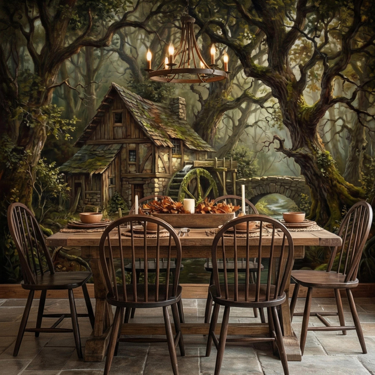 Rustic woodland cabin wall mural scene with river, mill wheel, and large trees.