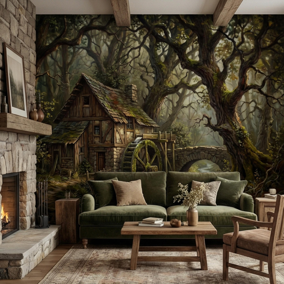 Woodland cabin wall mural with winding river under sprawling dark tree branches.