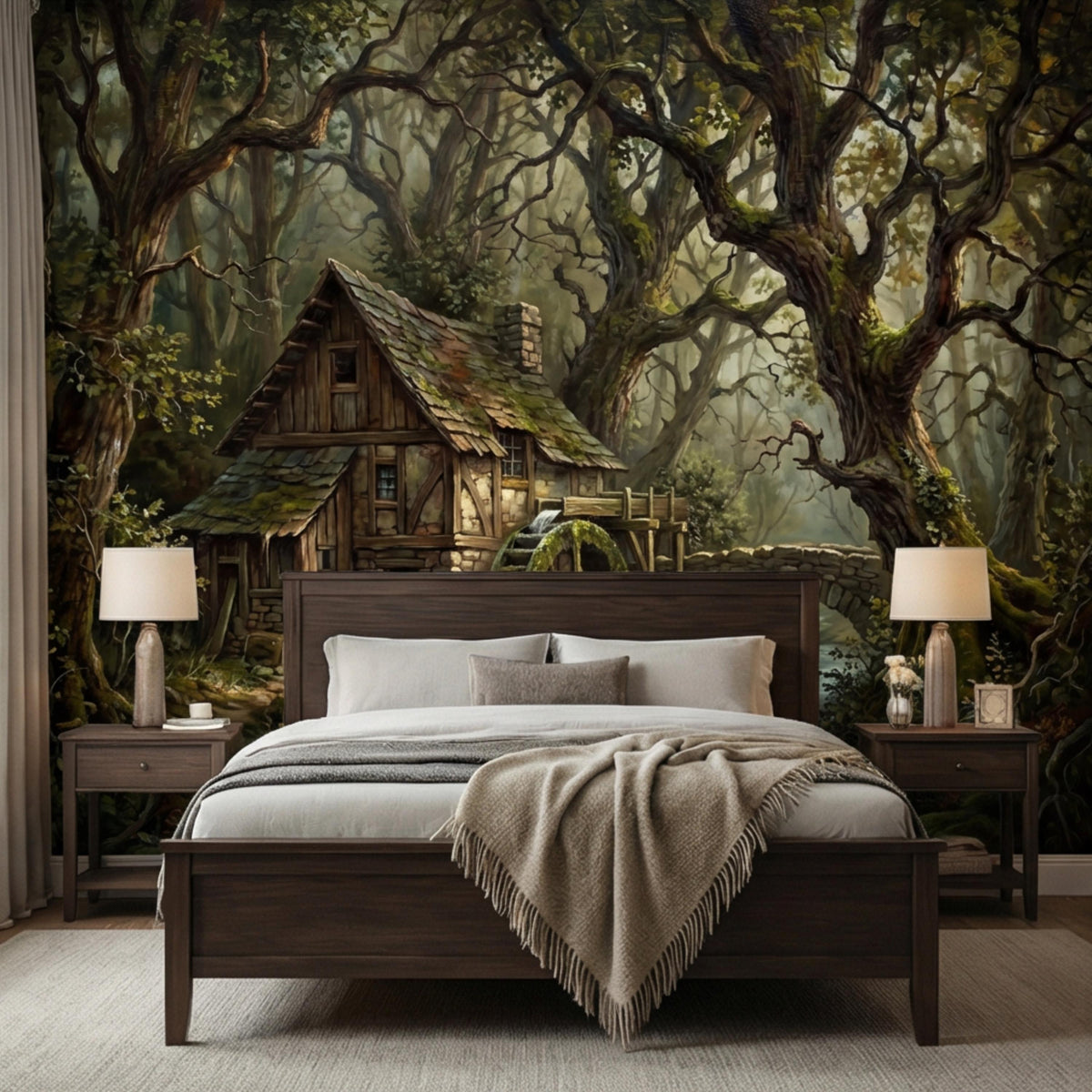 Enchanted forest cabin wall mural with mossy watermill and large twisting trees.