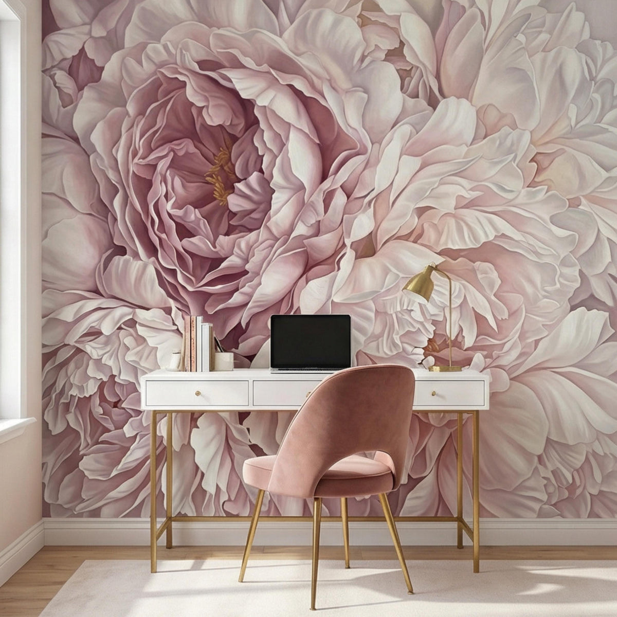 Peony wall mural with large mauve spiral bloom, cream petals, and small gold stamen