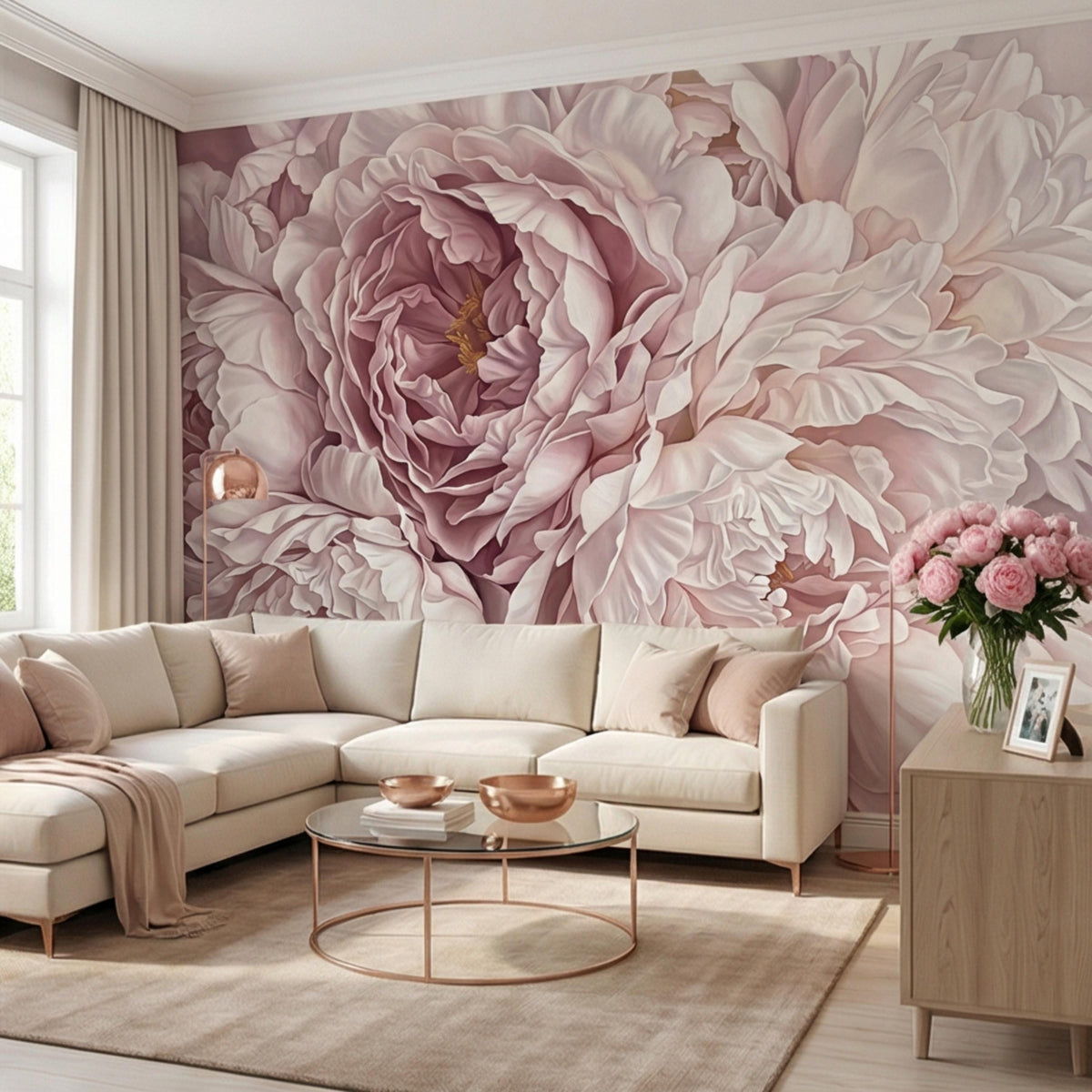 Blush pink peony wall mural with oversized layered floral blooms and cream highlights
