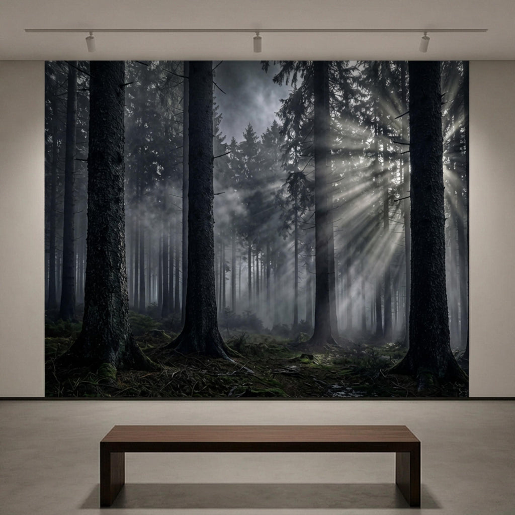 Moody Misty Forest Peel and Stick Wall Mural, Dark Pine Woodland with Sun Rays, Dramatic Evergreen Nature Wallpaper