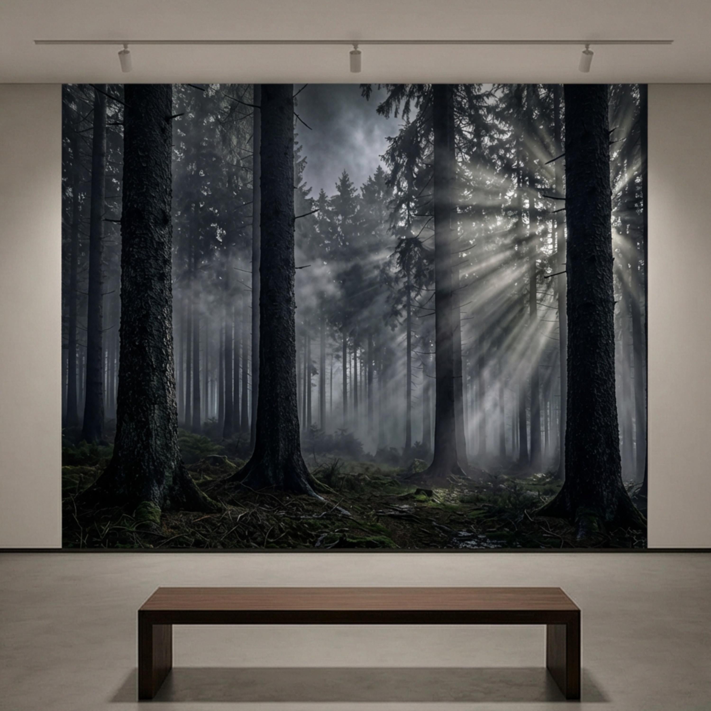 Moody Misty Forest Peel and Stick Wall Mural, Dark Pine Woodland with Sun Rays, Dramatic Evergreen Nature Wallpaper