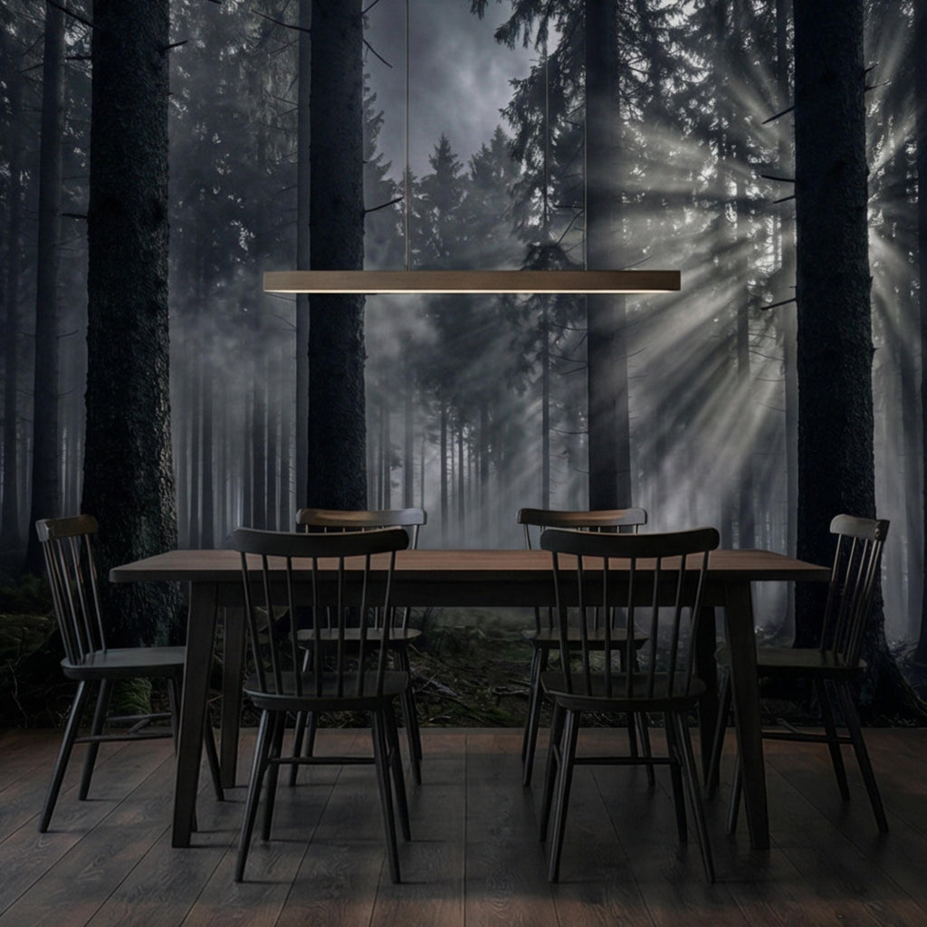 Moody Misty Forest Peel and Stick Wall Mural, Dark Pine Woodland with Sun Rays, Dramatic Evergreen Nature Wallpaper
