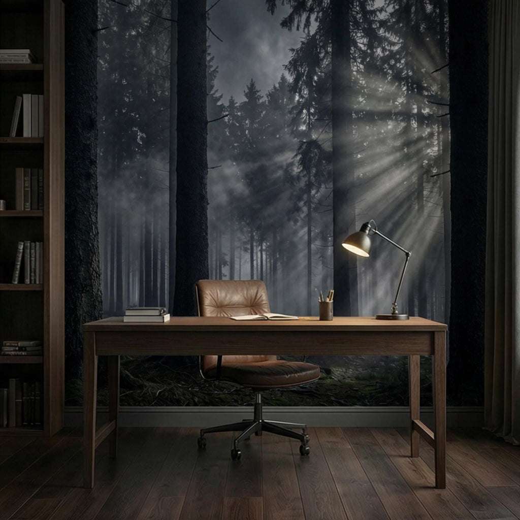Moody Misty Forest Peel and Stick Wall Mural, Dark Pine Woodland with Sun Rays, Dramatic Evergreen Nature Wallpaper