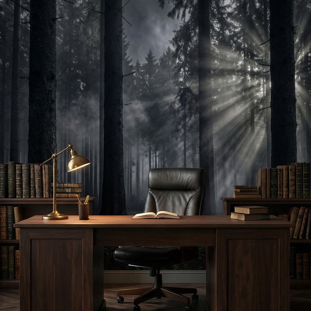 Moody Misty Forest Peel and Stick Wall Mural, Dark Pine Woodland with Sun Rays, Dramatic Evergreen Nature Wallpaper