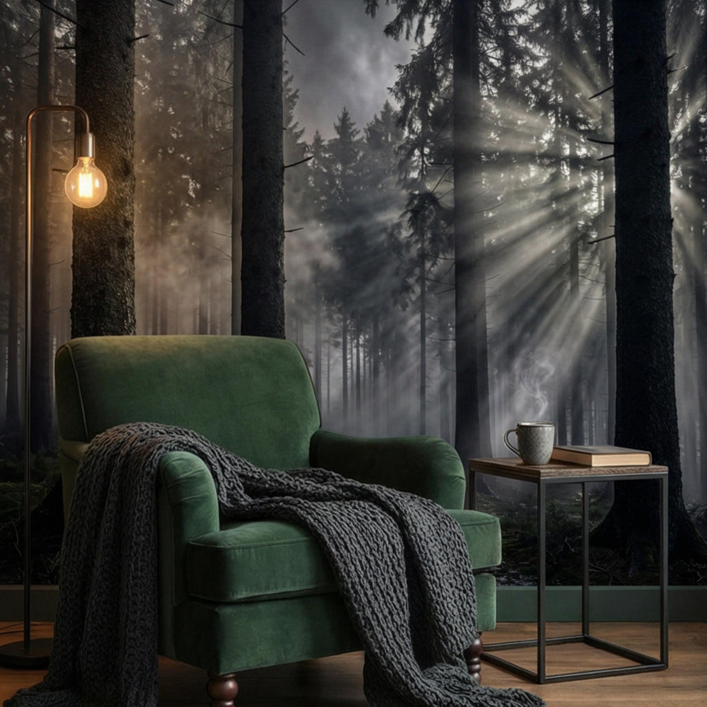 Moody Misty Forest Peel and Stick Wall Mural, Dark Pine Woodland with Sun Rays, Dramatic Evergreen Nature Wallpaper