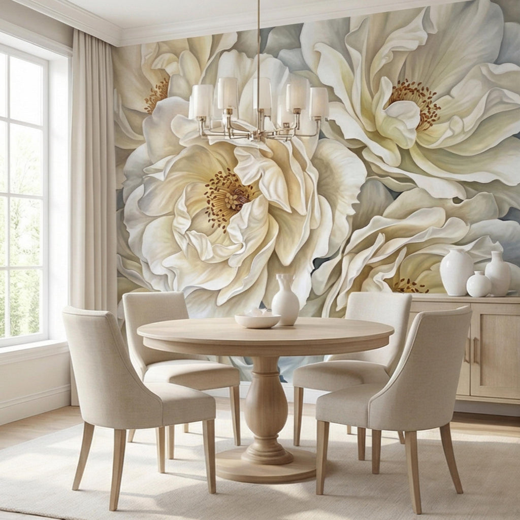 Cream Ivory Peony Peel and Stick Wall Mural, Oversized Neutral Floral Wallpaper, Elegant Beige Botanical Statement Wall Decor