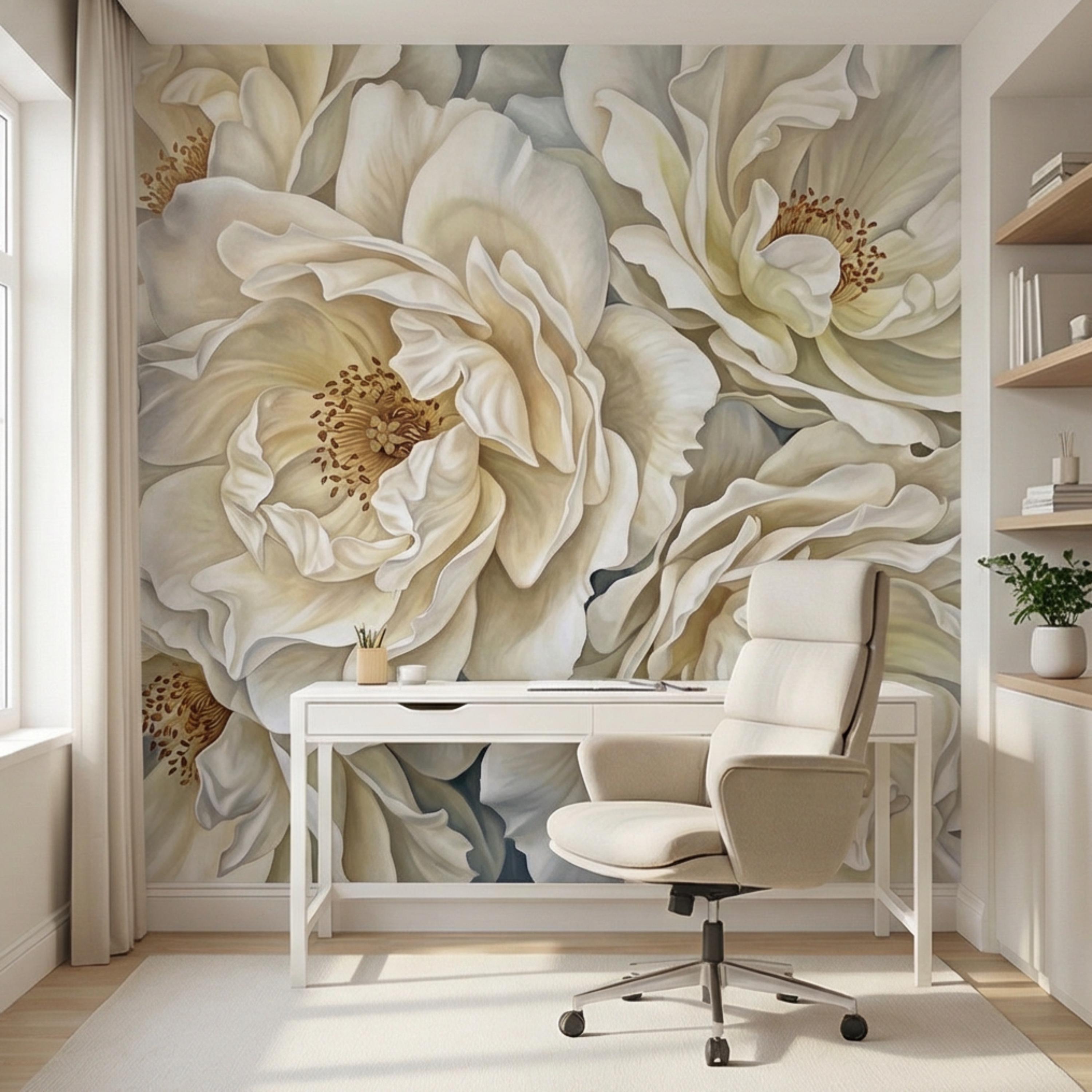 Cream Ivory Peony Peel and Stick Wall Mural, Oversized Neutral Floral Wallpaper, Elegant Beige Botanical Statement Wall Decor