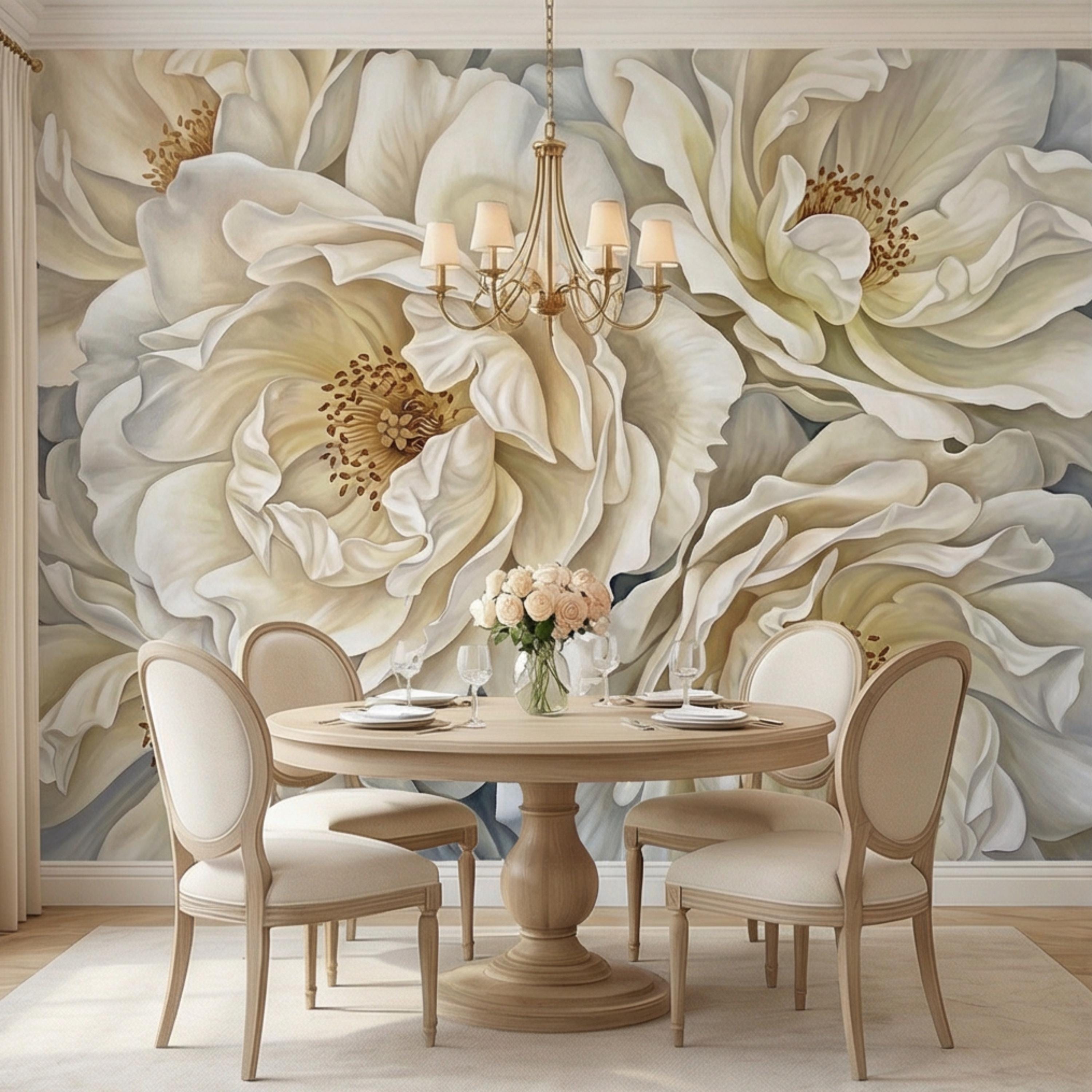 Cream Ivory Peony Peel and Stick Wall Mural, Oversized Neutral Floral Wallpaper, Elegant Beige Botanical Statement Wall Decor