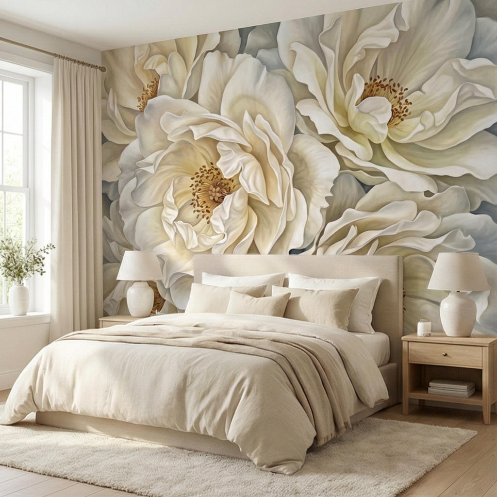 Cream Ivory Peony Peel and Stick Wall Mural, Oversized Neutral Floral Wallpaper, Elegant Beige Botanical Statement Wall Decor