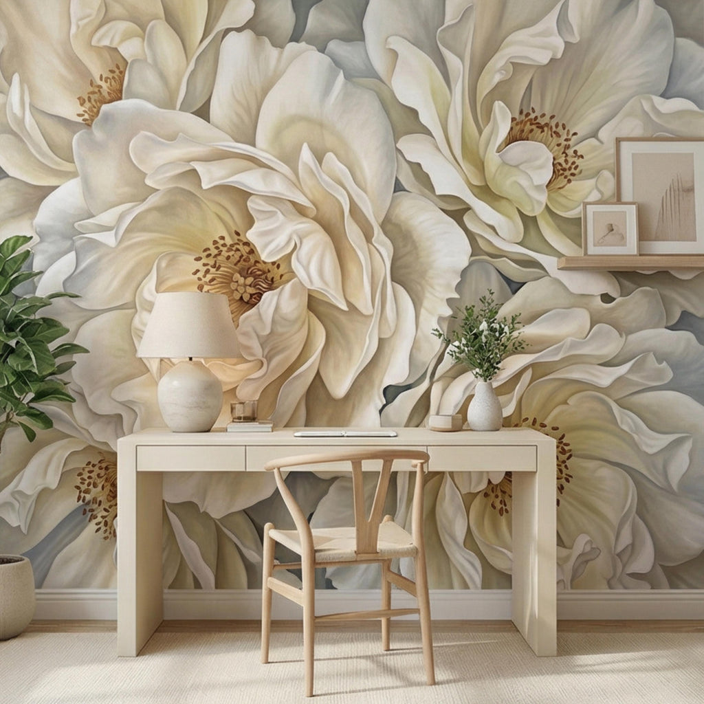 Cream Ivory Peony Peel and Stick Wall Mural, Oversized Neutral Floral Wallpaper, Elegant Beige Botanical Statement Wall Decor