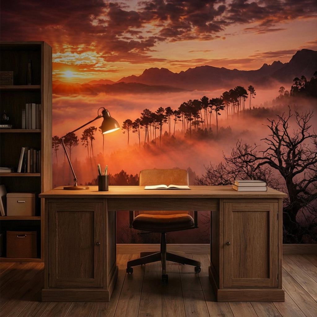 Golden Sunset Misty Forest Peel and Stick Wall Mural, Dramatic Mountain Landscape with Sun Rays, Warm Nature Scenic Wallpaper