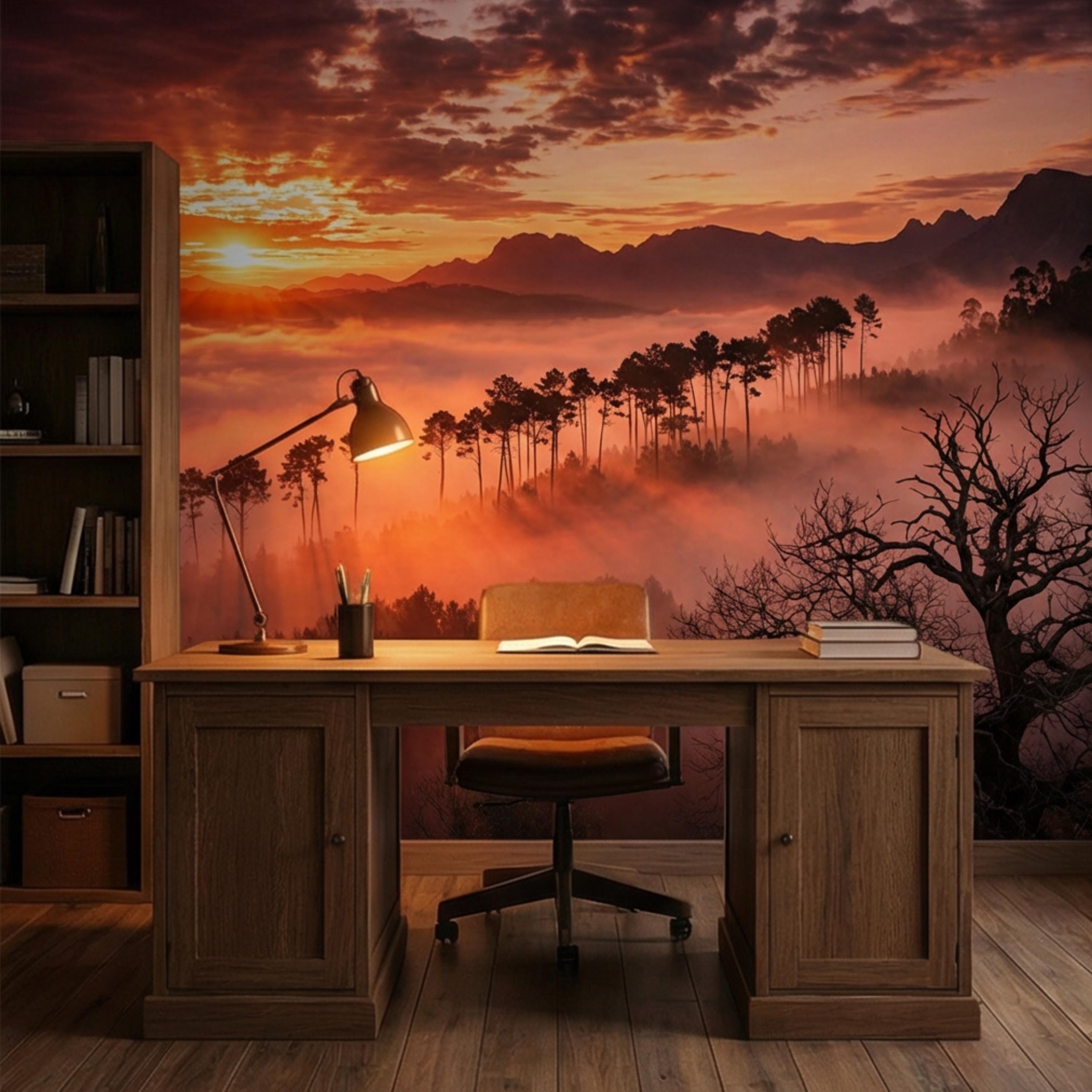 Golden Sunset Misty Forest Peel and Stick Wall Mural, Dramatic Mountain Landscape with Sun Rays, Warm Nature Scenic Wallpaper