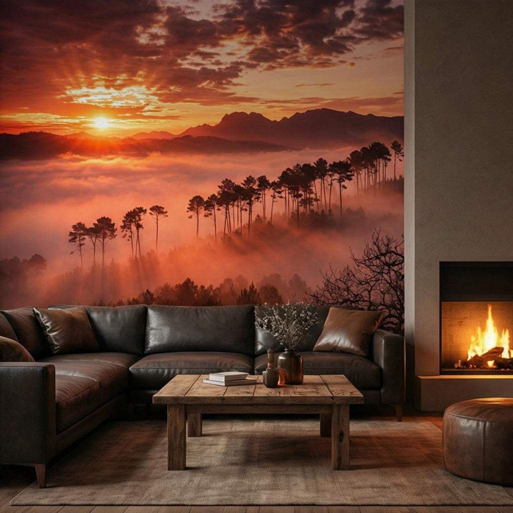 Golden Sunset Misty Forest Peel and Stick Wall Mural, Dramatic Mountain Landscape with Sun Rays, Warm Nature Scenic Wallpaper