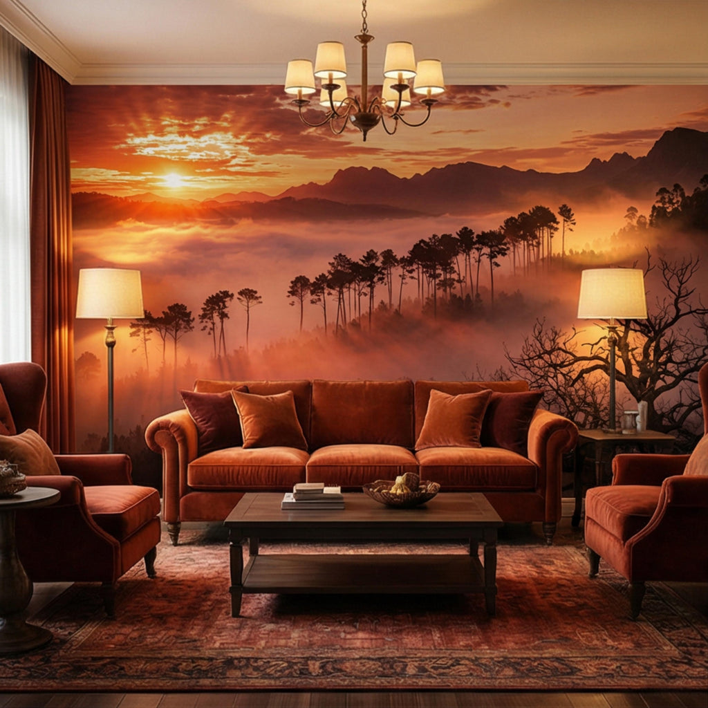 Golden Sunset Misty Forest Peel and Stick Wall Mural, Dramatic Mountain Landscape with Sun Rays, Warm Nature Scenic Wallpaper