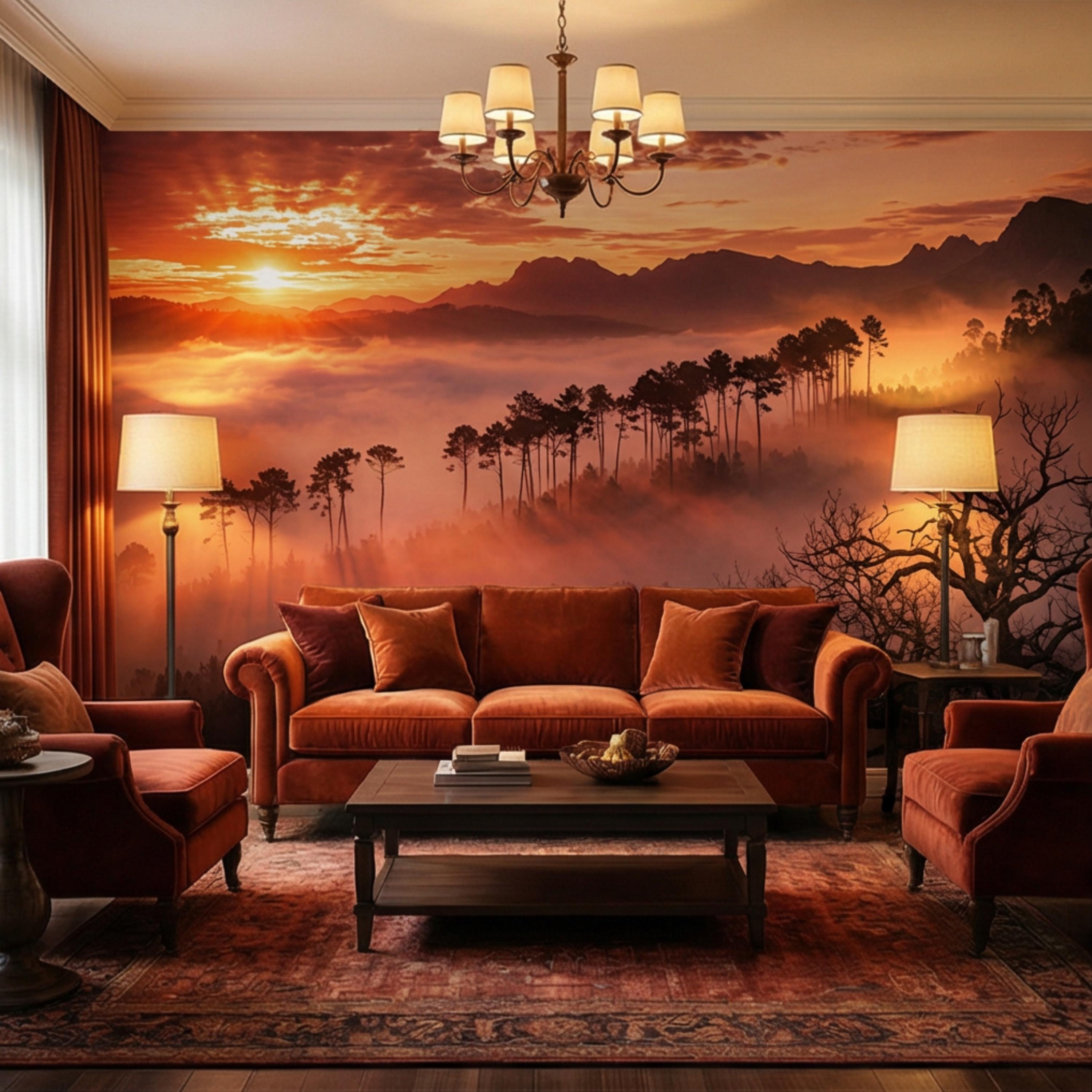 Golden Sunset Misty Forest Peel and Stick Wall Mural, Dramatic Mountain Landscape with Sun Rays, Warm Nature Scenic Wallpaper