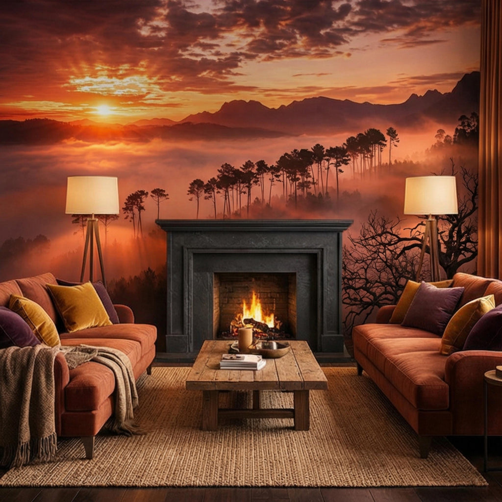 Golden Sunset Misty Forest Peel and Stick Wall Mural, Dramatic Mountain Landscape with Sun Rays, Warm Nature Scenic Wallpaper