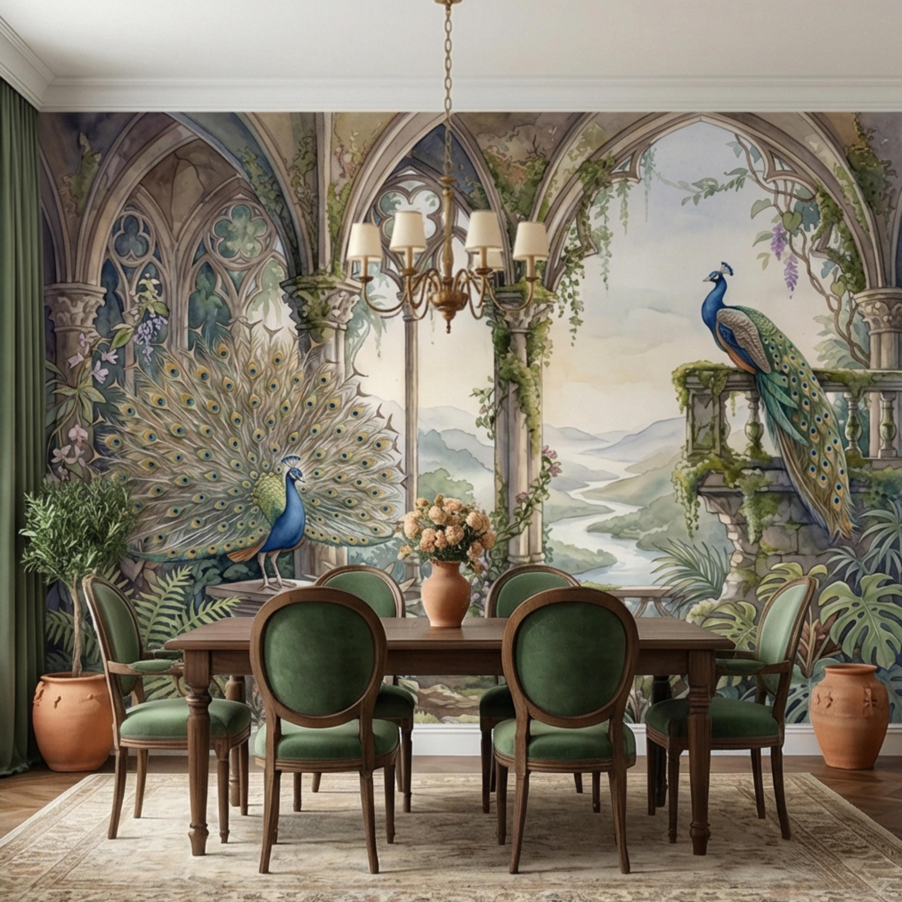 Luxury Peacock Garden Peel and Stick Wall Mural, Romantic Gothic Arch Landscape with Tropical Botanicals, Elegant Chinoiserie Wallpaper