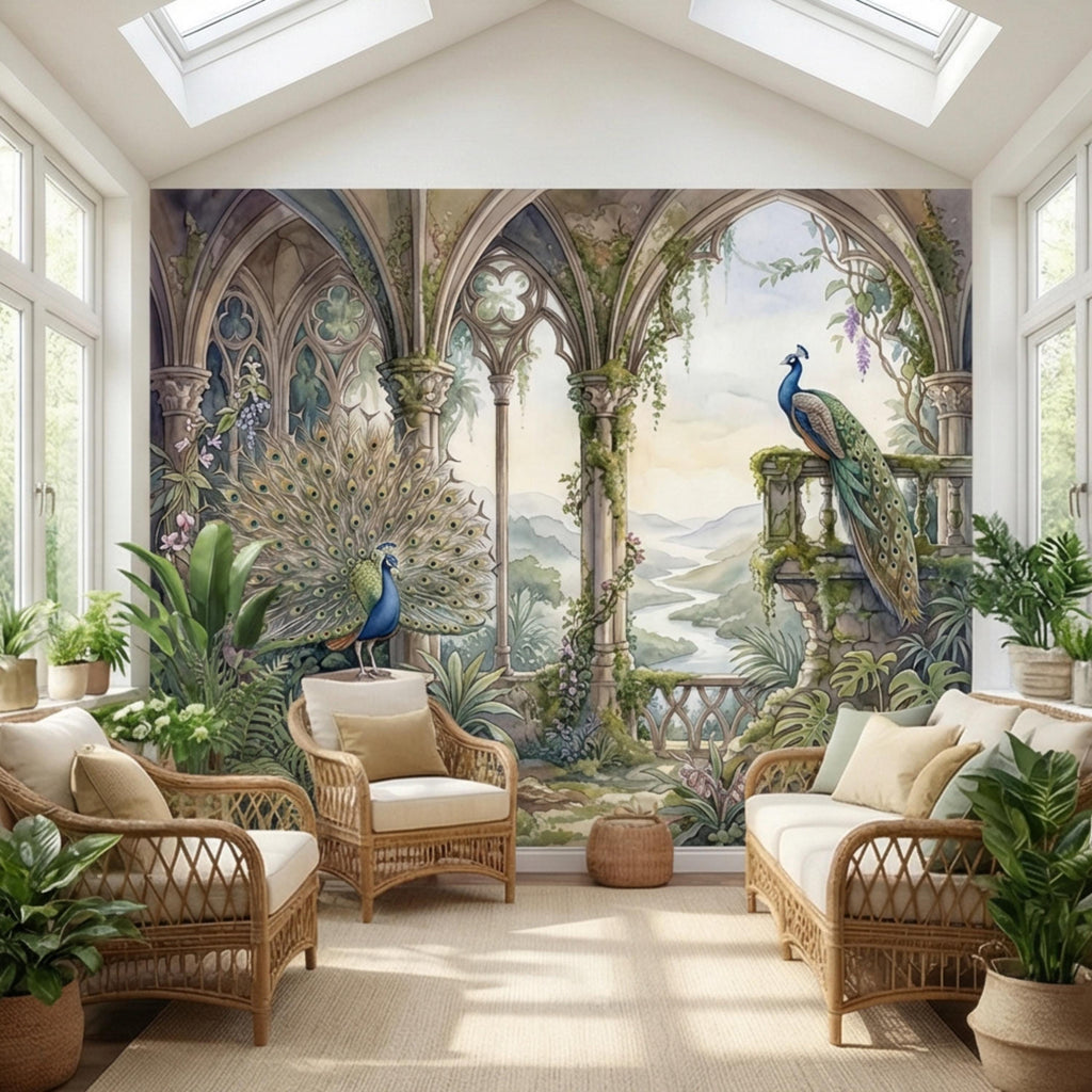 Luxury Peacock Garden Peel and Stick Wall Mural, Romantic Gothic Arch Landscape with Tropical Botanicals, Elegant Chinoiserie Wallpaper
