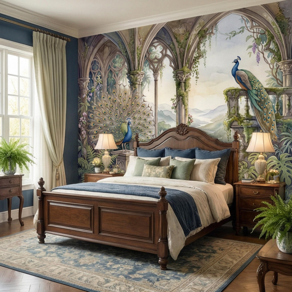 Luxury Peacock Garden Peel and Stick Wall Mural, Romantic Gothic Arch Landscape with Tropical Botanicals, Elegant Chinoiserie Wallpaper