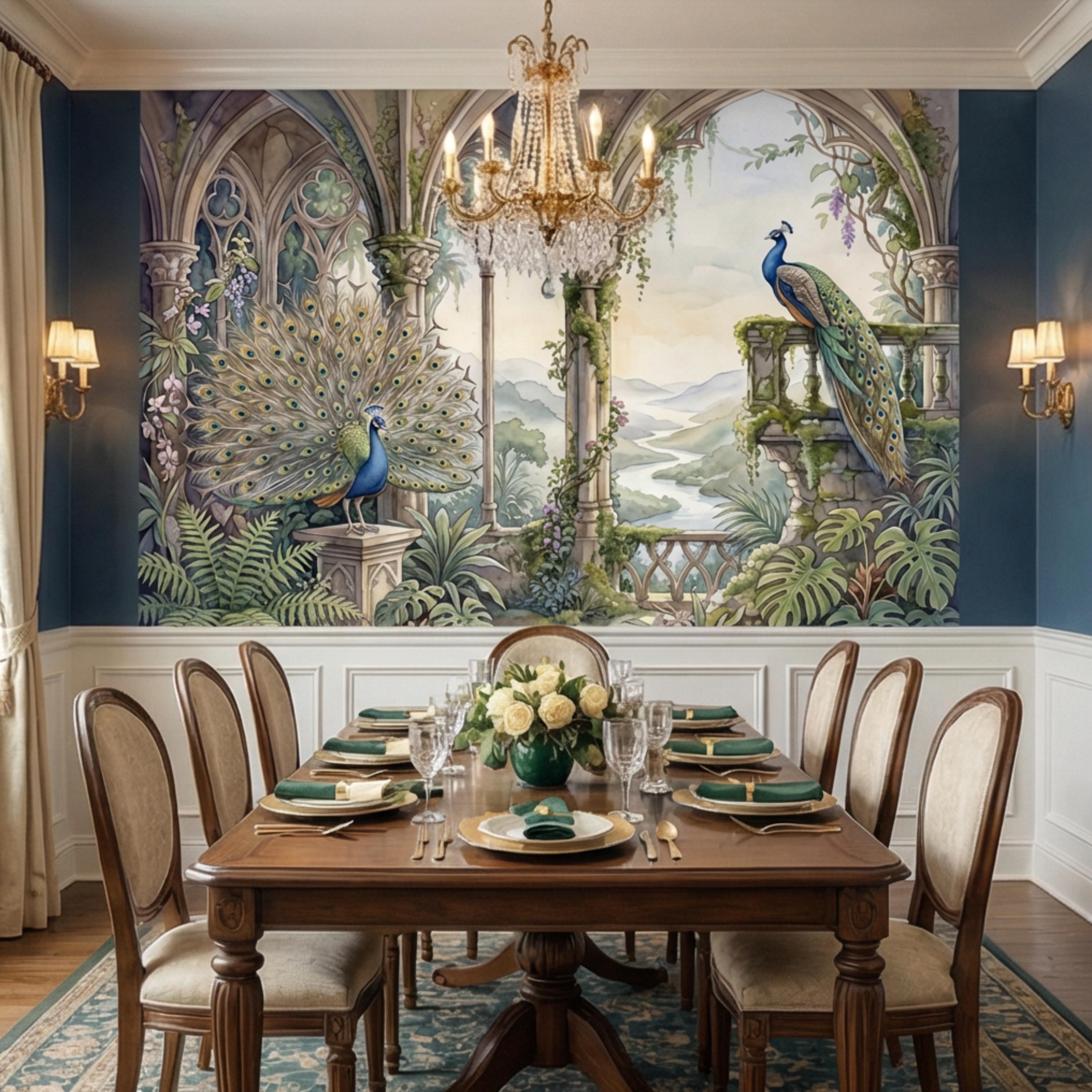 Luxury Peacock Garden Peel and Stick Wall Mural, Romantic Gothic Arch Landscape with Tropical Botanicals, Elegant Chinoiserie Wallpaper