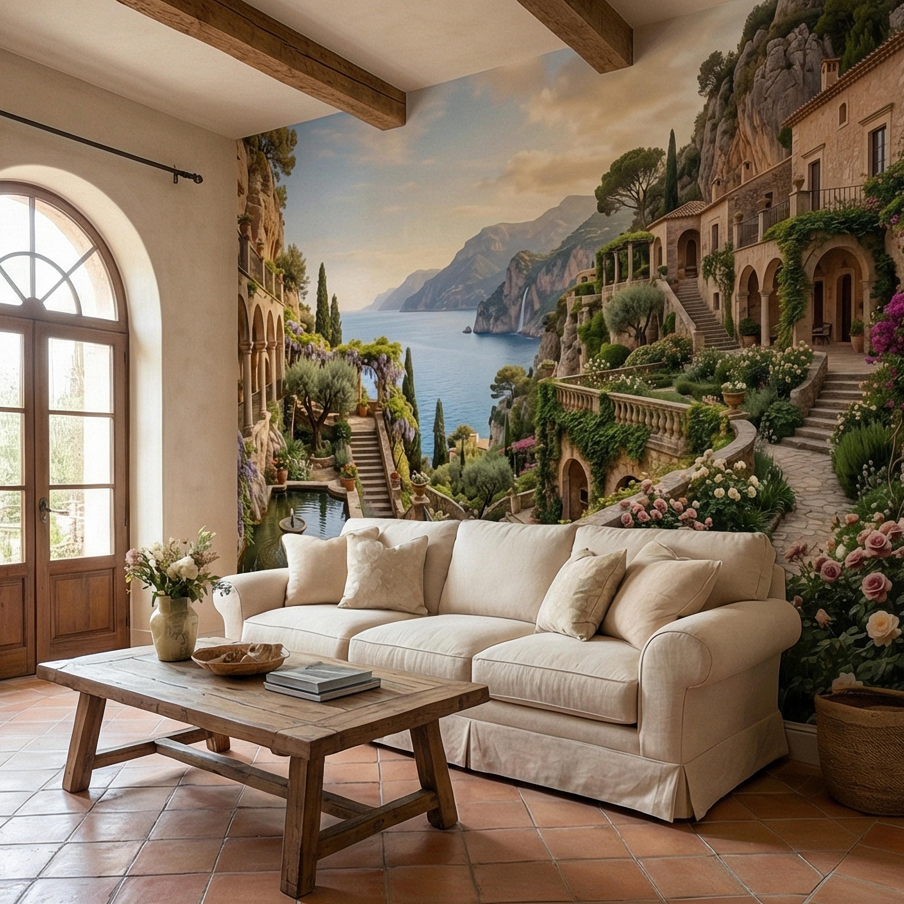 Amalfi Coast Cliffside Villa Peel and Stick Wall Mural, Mediterranean Terrace Garden Seascape, Italian Coastal Wallpaper