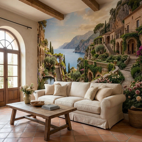 Mediterranean coastal villa wall mural with arched terraces, flowers, and ocean