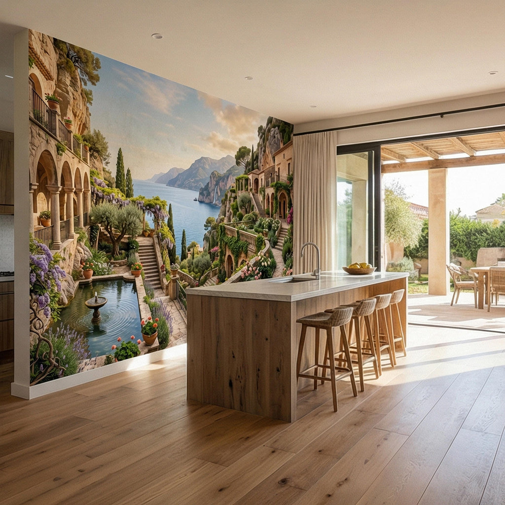 Amalfi Coast Cliffside Villa Peel and Stick Wall Mural, Mediterranean Terrace Garden Seascape, Italian Coastal Wallpaper