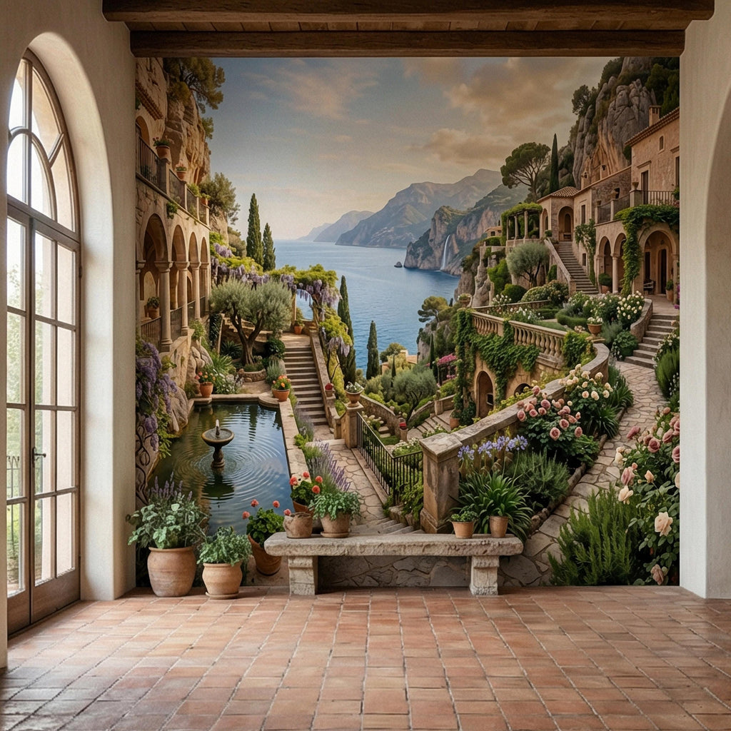 Amalfi Coast Cliffside Villa Peel and Stick Wall Mural, Mediterranean Terrace Garden Seascape, Italian Coastal Wallpaper