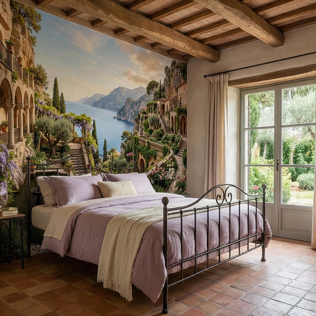 Amalfi Coast Cliffside Villa Peel and Stick Wall Mural, Mediterranean Terrace Garden Seascape, Italian Coastal Wallpaper