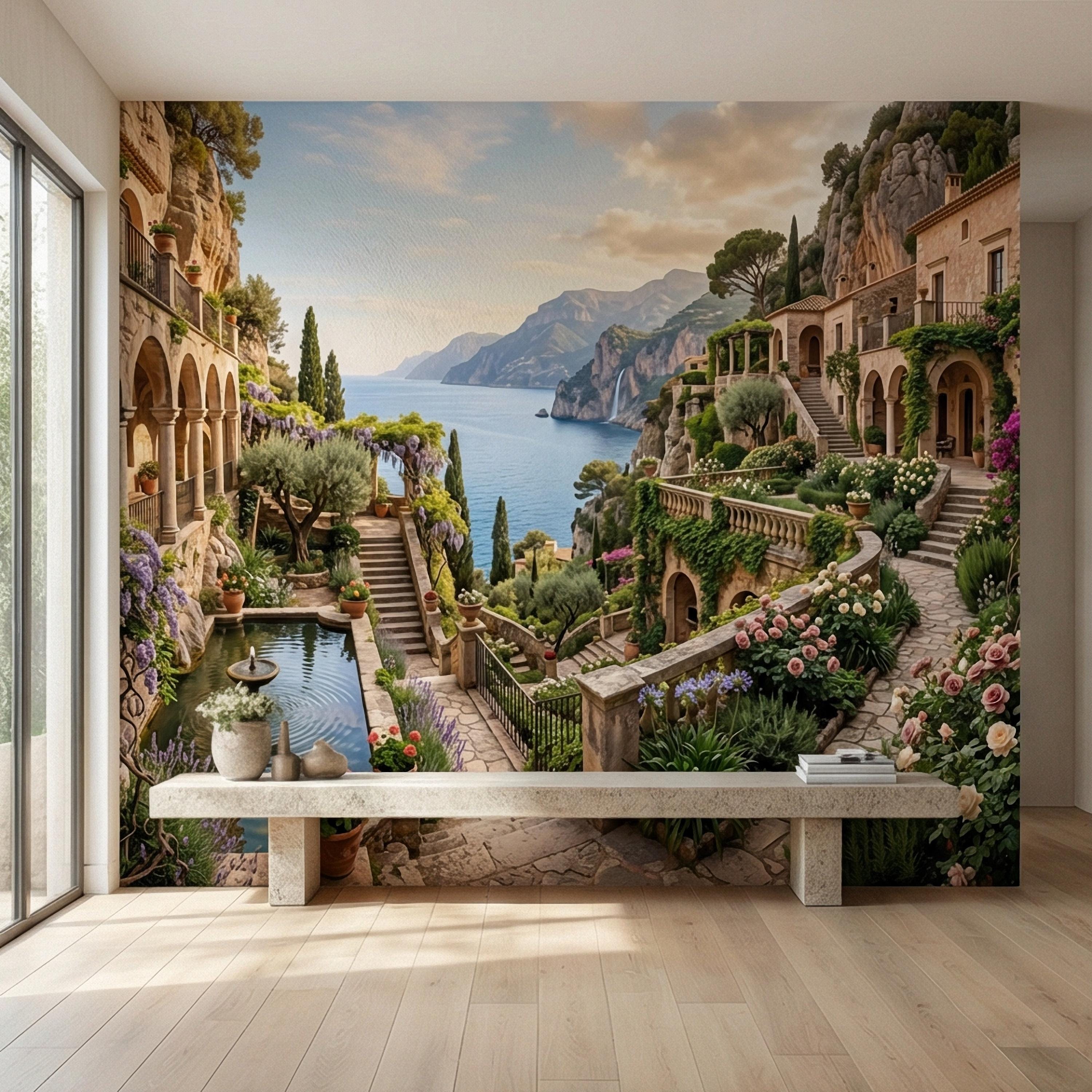 Amalfi Coast Cliffside Villa Peel and Stick Wall Mural, Mediterranean Terrace Garden Seascape, Italian Coastal Wallpaper