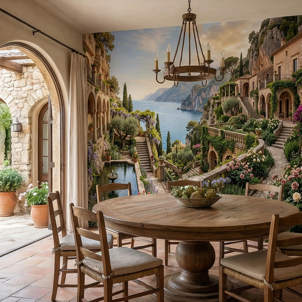 Amalfi Coast Cliffside Villa Peel and Stick Wall Mural, Mediterranean Terrace Garden Seascape, Italian Coastal Wallpaper