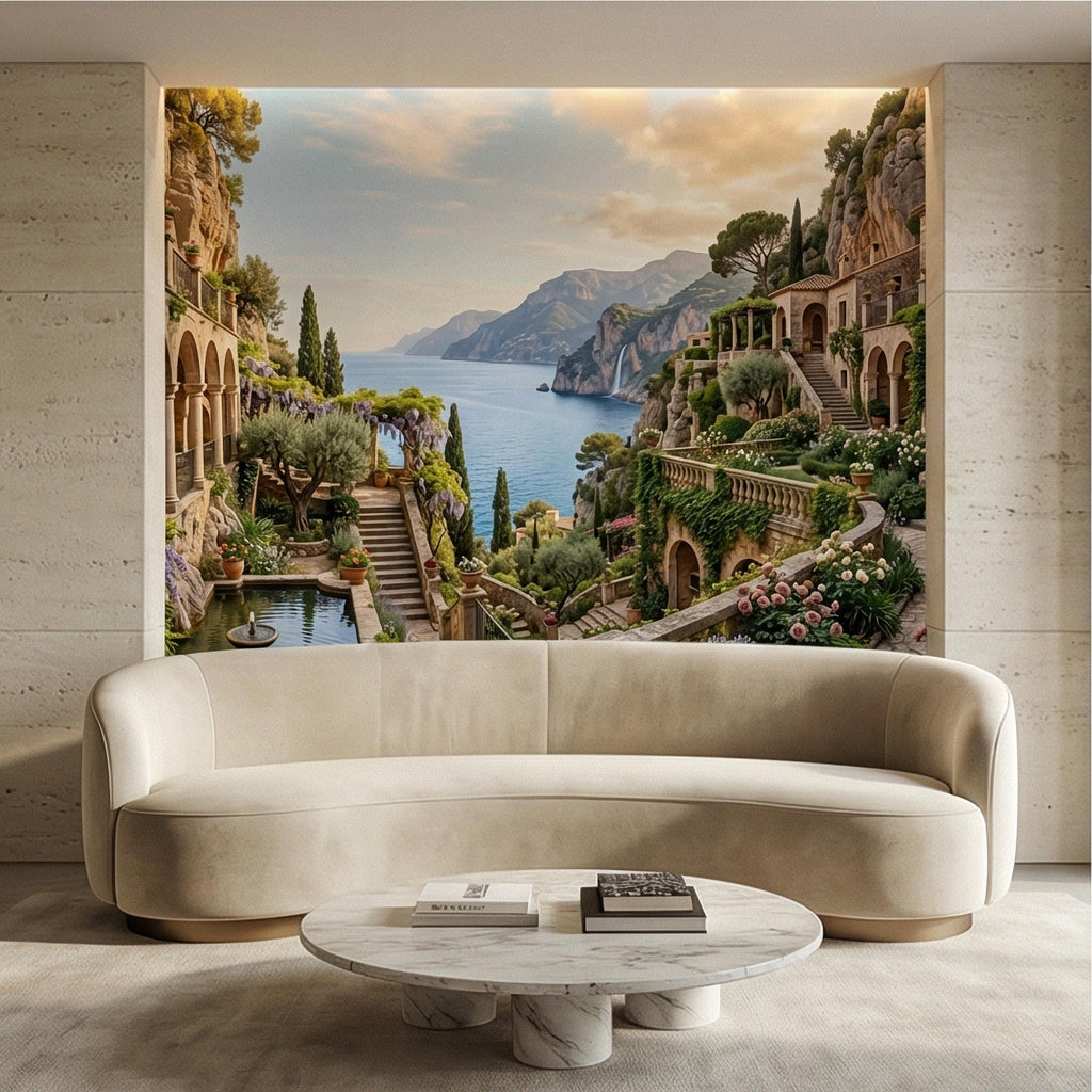Amalfi Coast Cliffside Villa Peel and Stick Wall Mural, Mediterranean Terrace Garden Seascape, Italian Coastal Wallpaper