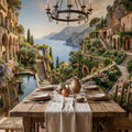 Amalfi Coast Cliffside Villa Peel and Stick Wall Mural, Mediterranean Terrace Garden Seascape, Italian Coastal Wallpaper