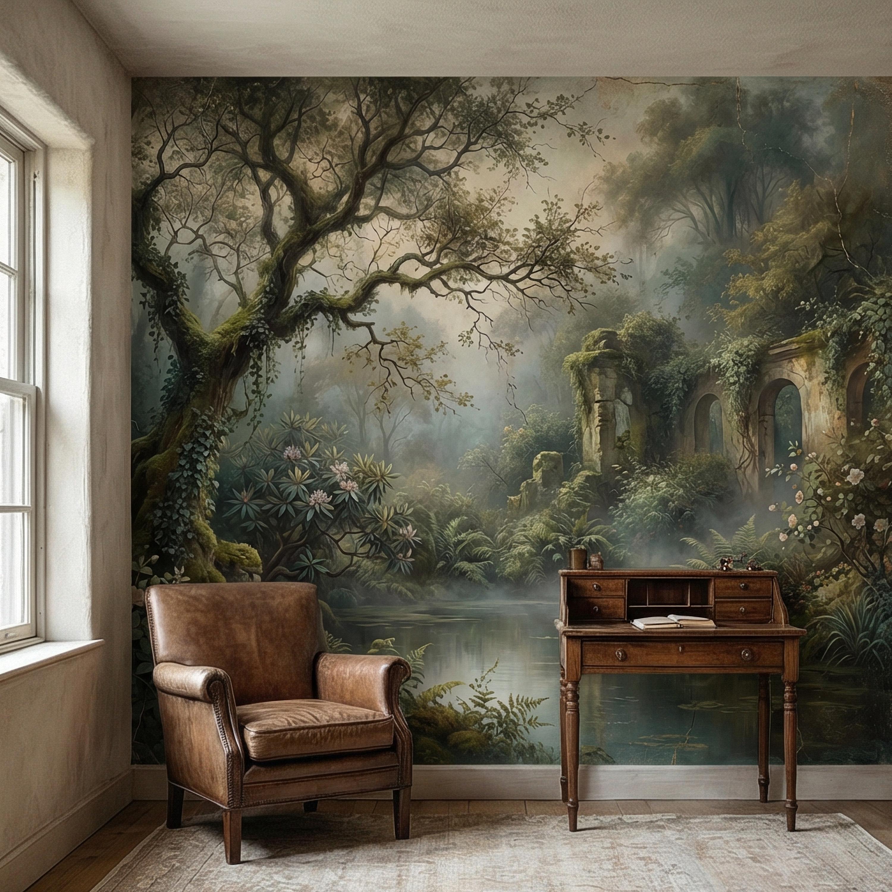 Misty Secret Garden Peel and Stick Wall Mural, Moody Woodland Ruins Landscape, Dark Academia Botanical Wallpaper