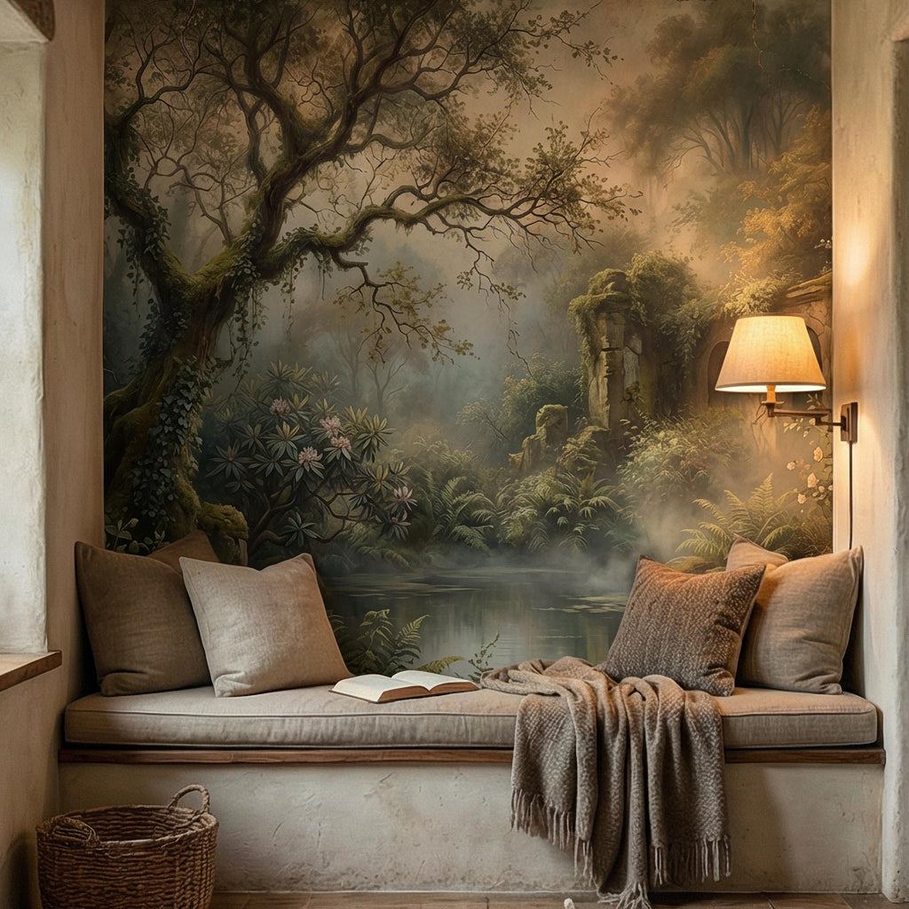 Misty Secret Garden Peel and Stick Wall Mural, Moody Woodland Ruins Landscape, Dark Academia Botanical Wallpaper