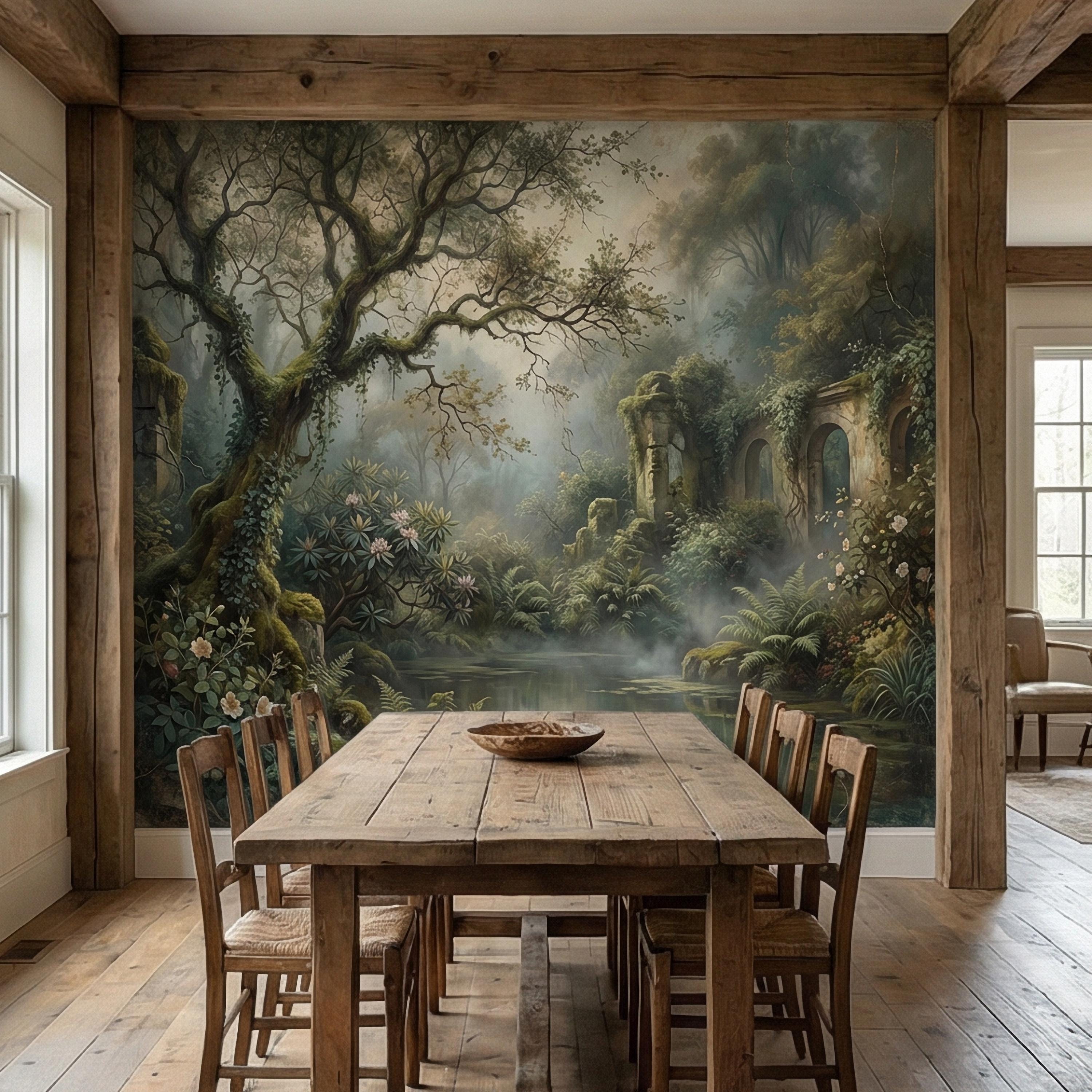 Misty Secret Garden Peel and Stick Wall Mural, Moody Woodland Ruins Landscape, Dark Academia Botanical Wallpaper
