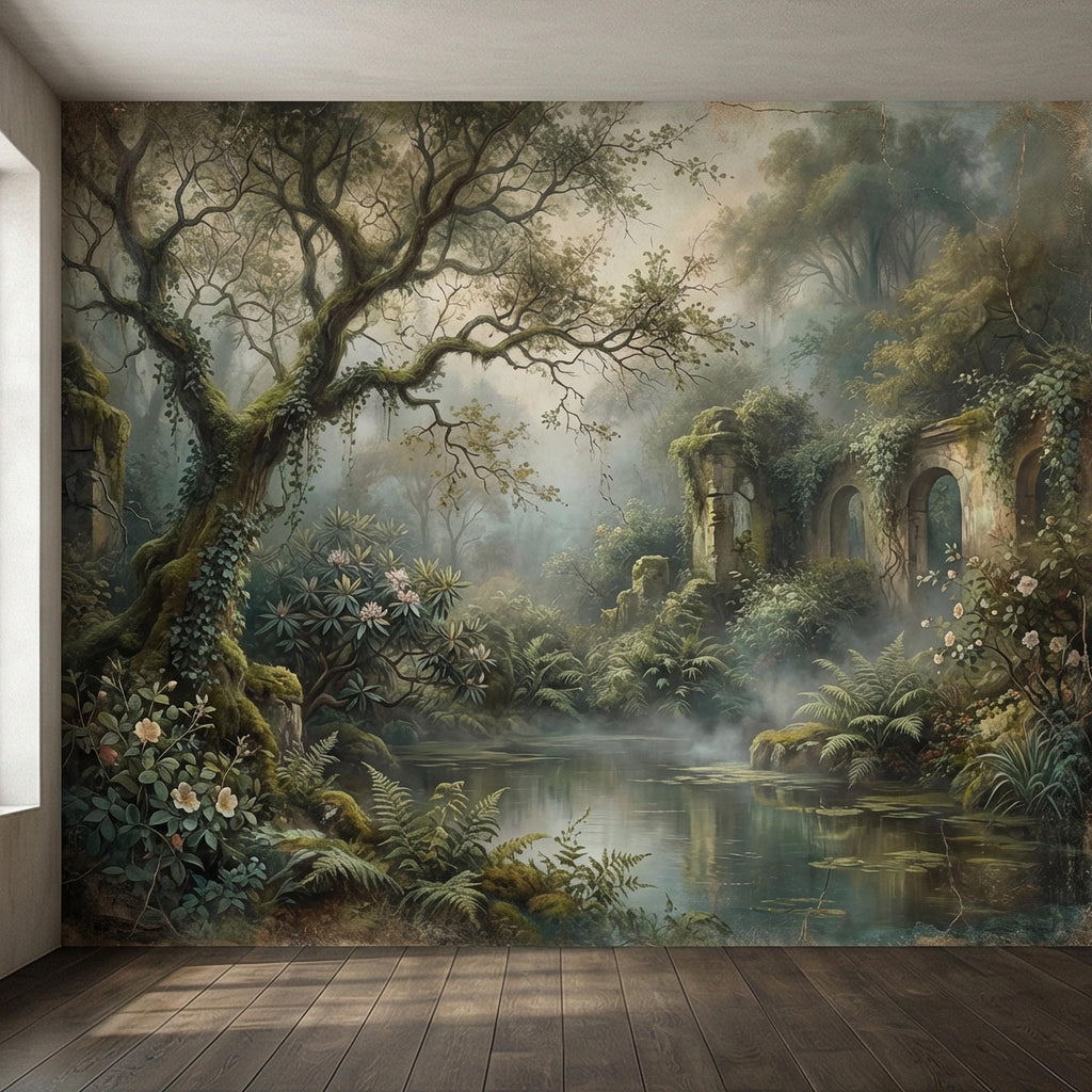 Misty Secret Garden Peel and Stick Wall Mural, Moody Woodland Ruins Landscape, Dark Academia Botanical Wallpaper