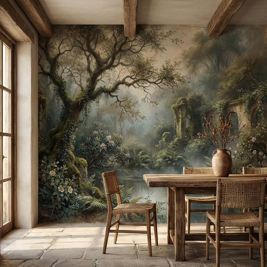 Misty Secret Garden Peel and Stick Wall Mural, Moody Woodland Ruins Landscape, Dark Academia Botanical Wallpaper