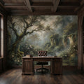 Misty Secret Garden Peel and Stick Wall Mural, Moody Woodland Ruins Landscape, Dark Academia Botanical Wallpaper