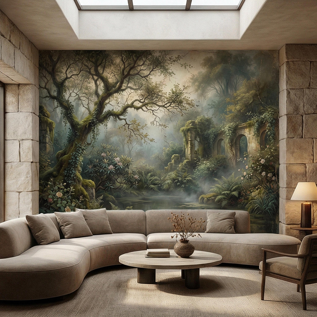 Misty Secret Garden Peel and Stick Wall Mural, Moody Woodland Ruins Landscape, Dark Academia Botanical Wallpaper