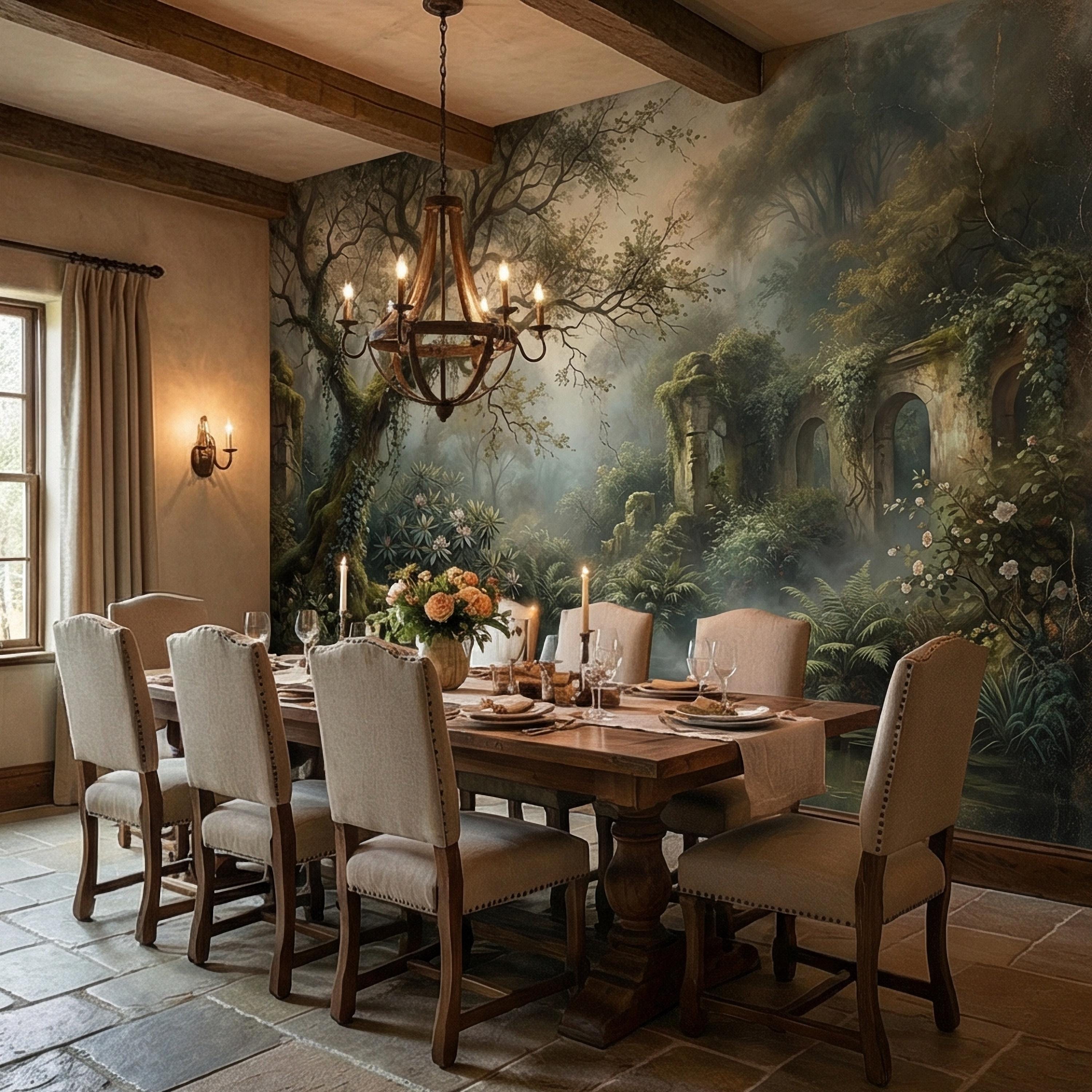 Misty Secret Garden Peel and Stick Wall Mural, Moody Woodland Ruins Landscape, Dark Academia Botanical Wallpaper